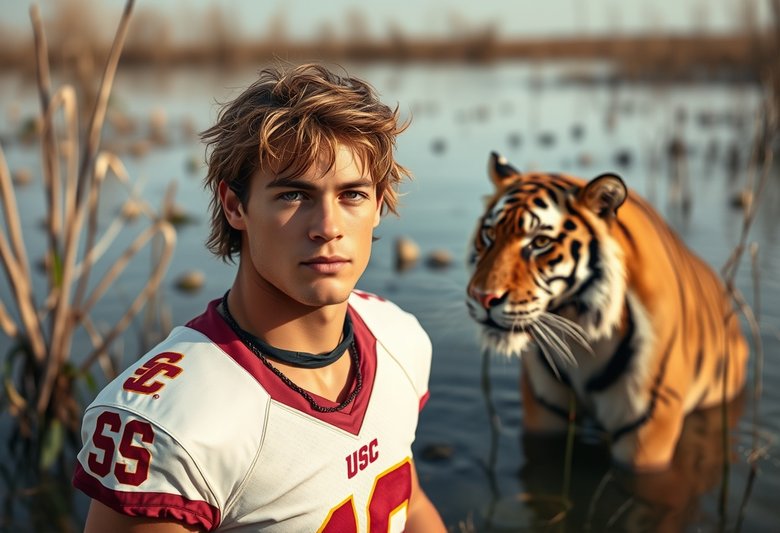 Our actual prompt: Cool, pretty boy, USC surfer football player standing in a swamp as a hungry tiger approaches.